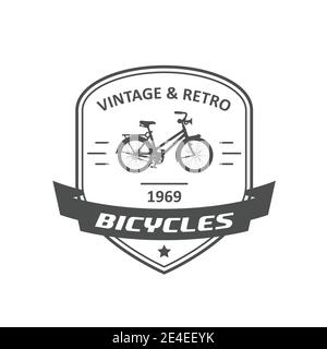 Bicycle store emblem or logo, retro bike badge with banner, vector Stock Vector