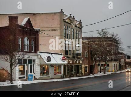 Baldwinsville, New York, USA.  January 20, 2021. View of the small village of Baldwinsville, New York before sunrise in the wintertime Stock Photo