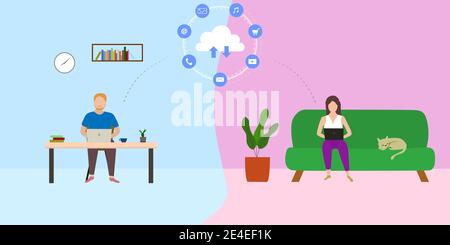 Vector of people using laptop work remotely from home. Illustration concept online cloud technology. Stock Vector