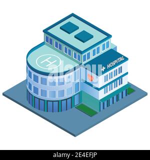 Modern 3d urban hospital building with helipad on the roof isometric isolated vector illustration Stock Vector