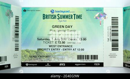 Entrance Ticket for Green Day in Hyde Park Saturday 1st July 2017 London England UK Stock Photo