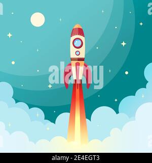Space rocket flying in space with moon and stars on background print vector illustration Stock Vector