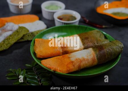 Tri color or Tri colour Dosa - Indian flag color food for republic and Independence Day, selective focus Stock Photo