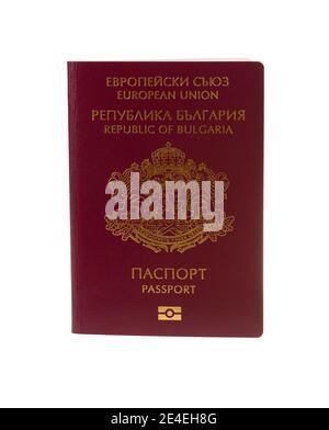 Bulgarian passport isolated on white background. Republic of Bulgaria, European Union passport. Stock Photo