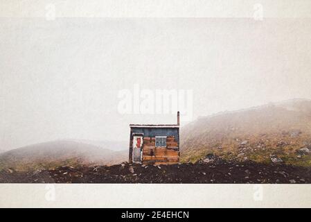Digital illustration with canvas texture, wooden hut on top of a misty mountain. Stock Photo