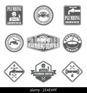 Plumbing service badges with water pipe plumber and tools isolated vector illustration Stock Vector