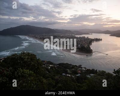 Panorama view of Royal Billy Point Pauanui beach from volcano hill mountain mount paku summit Tairua Waikato Coromandel Peninsula North Island New Zea Stock Photo