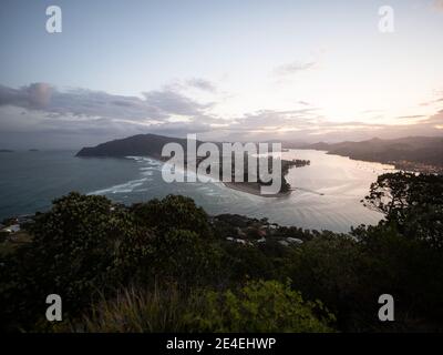 Panorama view of Royal Billy Point Pauanui beach from volcano hill mountain mount paku summit Tairua Waikato Coromandel Peninsula North Island New Zea Stock Photo