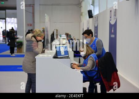 The Local Health Company 1 Naples Center , has set up  a Center Vaccination against Covid-19 .People’s reception box booked for the vaccine. Stock Photo