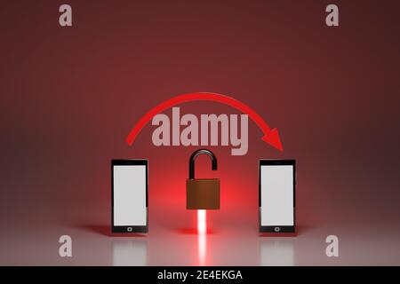 Vulnerable, unencrypted connection between mobile devices, concept. Two smartphones with red arrow and open padlock. Digital render. Stock Photo