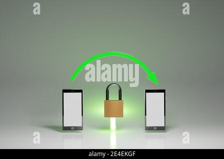 Secure, encrypted communication between mobile devices, concept. Two smartphones with a green arrow and a closed padlock. Digital render. Stock Photo