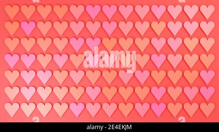 Red and pink hearts in a repeating pattern against red background with subtle shadow. Digital render. Stock Photo