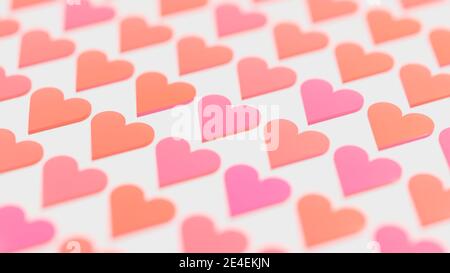 Red and pink hearts in a repeating pattern on white background. Digital render. Stock Photo