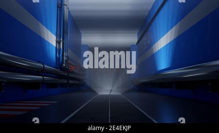 Clean, modern industrial hallway with stainless steel pipelines in dim light. Stock Photo