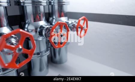 Red industrial valves on stainless steel pipelines. Clean, modern industrial background. Digital render. Stock Photo