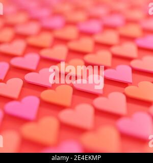 Red and pink hearts in a repeating pattern on red  background with subtle shadows. Digital render. Stock Photo