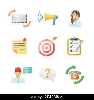 Feedback computer web tablet social media symbols pictograms on white set flat vector illustration Stock Vector