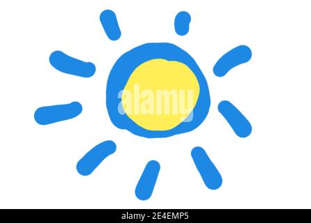 Abstract drawn blue yellow sun with rays on white background. Stock Photo