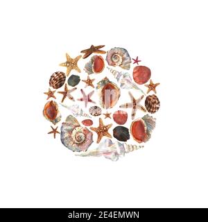 Beautiful watercolor circle background with colorful sea shells and stars for decorative design. Artistic backdrop. Underwater pattern Stock Photo
