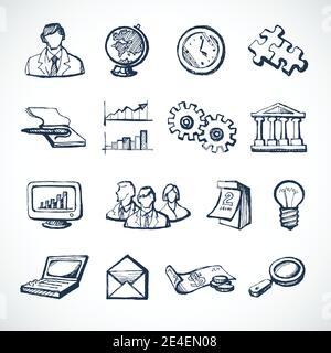 Sketch infographic icons set with globe clock computer puzzle money isolated vector illustration Stock Vector
