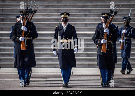 Washington, United States Of America. 20th Jan, 2021. Soldiers with the 3rd Infantry Regiment, known as the Old Guard, march down Pennsylvania Avenue during the 59th Presidential Inauguration parade January 20, 2021 in Washington, DC Credit: Planetpix/Alamy Live News Stock Photo