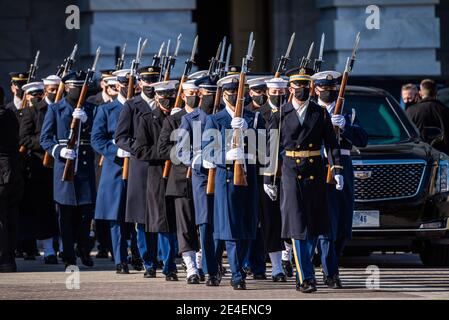 Washington, United States Of America. 20th Jan, 2021. Members of the United States Joint Forces Color Guard, march down Pennsylvania Avenue during the 59th Presidential Inauguration parade January 20, 2021 in Washington, DC Credit: Planetpix/Alamy Live News Stock Photo