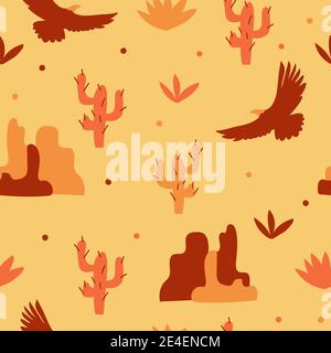 Flying eagle, mountains and cacti in the desert. Seamless pattern in orange and yellow color Stock Vector