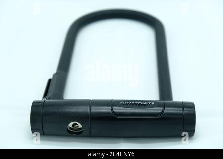 This is a photograph of a Kryptonite brand U Lock Bicycle Lock on a white background. Stock Photo