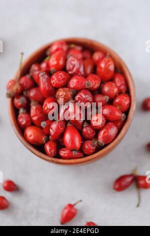 Dog rose fruits on a grey trendy background Stock Photo