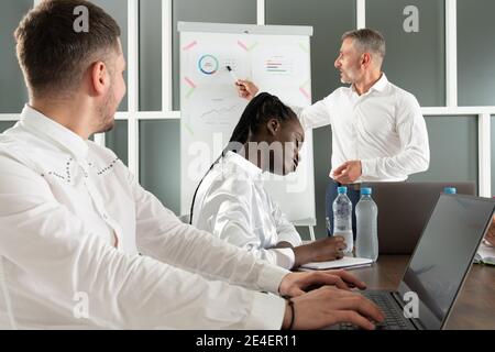 Businessman analyze concept, young business managers crew working new startup project on laptop Stock Photo