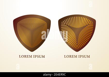 Decorative metallic millitary shield set with striped pattern. Stock vector illustration. Logo Design element. Brown and Dark Gold color theme. Stock Vector