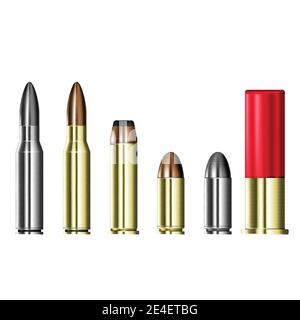 Cartridge cases with bullets, hunting and military ammunition,  set of ammo cartridges isolated on transparent background, vector Stock Vector