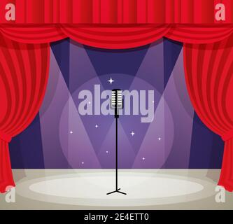 Stage with microphone in spotlight with red curtain background vector illustration. Stock Vector