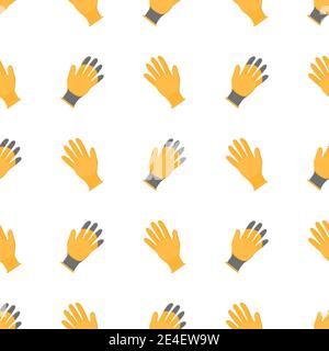 Seamless pattern with cartoon yellow rubber gloves on white background. Gardening tool. Vector illustration for any design. Stock Vector