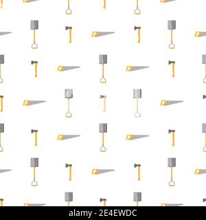 Seamless pattern with cartoon hand saw, axe, shovel on white background. Gardening tool. Vector illustration for any design. Stock Vector