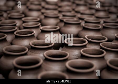 Closeup shot of a group of clay brown vases Stock Photo