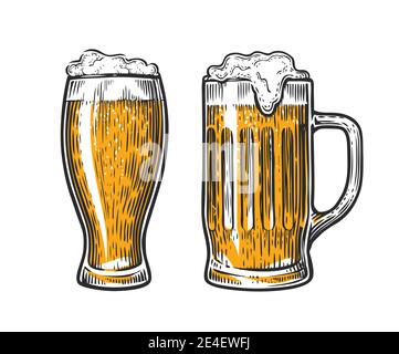 Beer in glass mug with foam. Hand drawn vector illustration Stock Vector