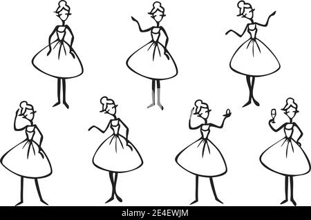 Vector set with lady cartoon character silhouettes. Black and white ladies in different poses. Stock Vector