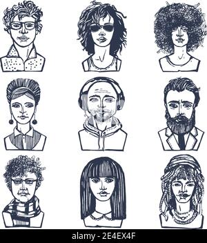 Sketch grunge males and females people portraits set isolated vector illustration Stock Vector