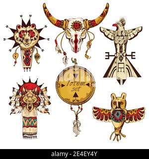 Ethnic american tribes animal totems colored sketch decorative elements set isolated vector illustration Stock Vector
