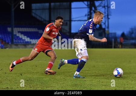 OLDHAM, ENGLAND. JAN 23RD Oldham Athletic's Marcel Hilssner tussles with Tristan Abrahams of Newport County during the Sky Bet League 2 match between Oldham Athletic and Newport County at Boundary Park, Oldham on Saturday 23rd January 2021. (Credit: Eddie Garvey | MI News) Stock Photo