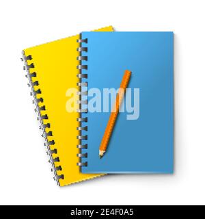 Realistic blue and yellow notepads and pencil isolated on white background vector illustration Stock Vector