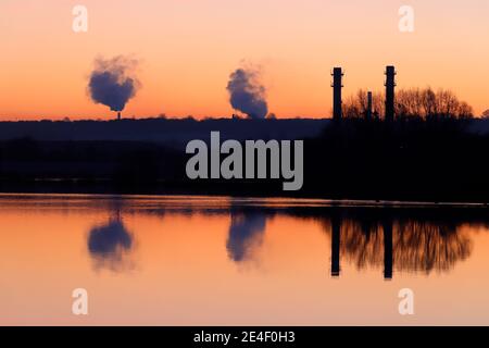 Refelctions of an industrial area of Castleford,West Yorkshire, after Storm Christoph brought flooding to the region. Stock Photo