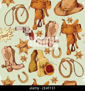 Wild west cowboy colored hand drawn seamless pattern with lasso horse saddle vector illustration Stock Vector
