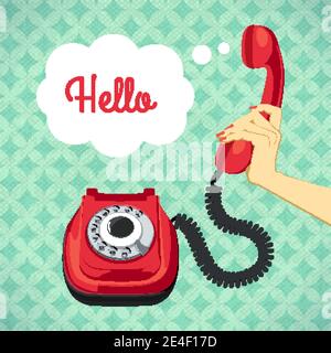 Hand holding old telephone retro poster vector illustration Stock Vector