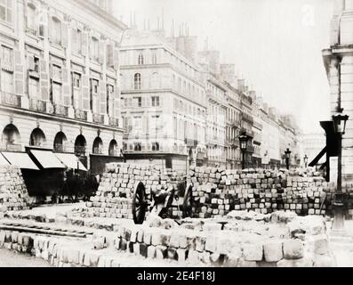 Vintage 19th century photograph: Paris Commune 1871 barricade on Rue Royale. Stock Photo