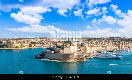 Vittoriosa and its yachts, from Valletta, capital of the island of Malta Stock Photo