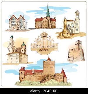 Old city buildings colored sketch decorative elements set isolated vector illustration Stock Vector