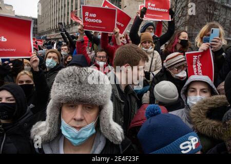 Moscow, Russia. 23rd of January, 2021 People take part in an unauthorized rally in support of Russian opposition leader Alexei Navalny in Tverskaya Street in the central Moscow, Russia Stock Photo