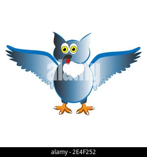 Cheerful cartoon owl flaps its wings isolated on white background. Stock Vector
